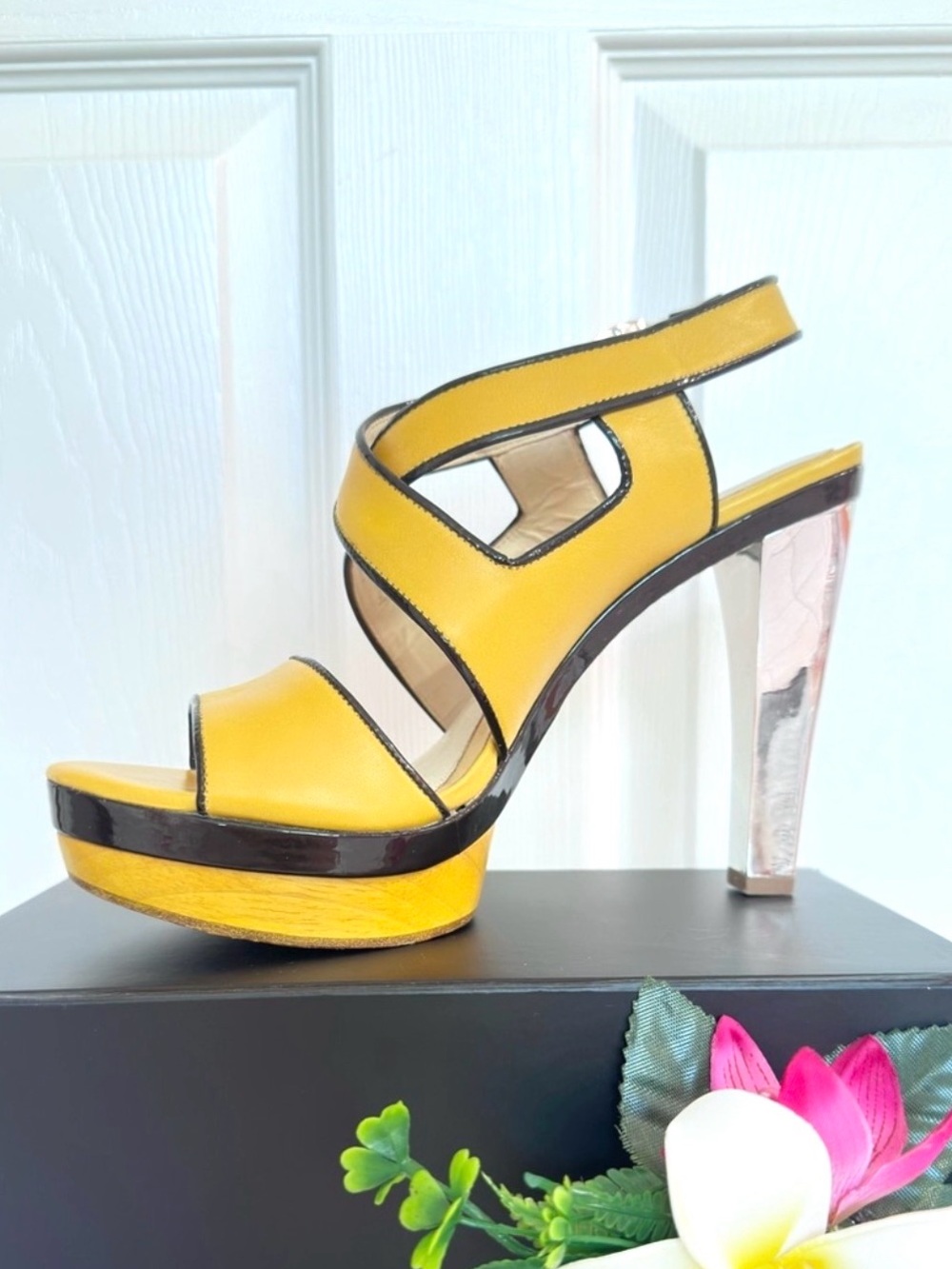 L.A.M.B. ~ Yellow 5” High Heel Platform Peep Toe Sandals with Black Trim